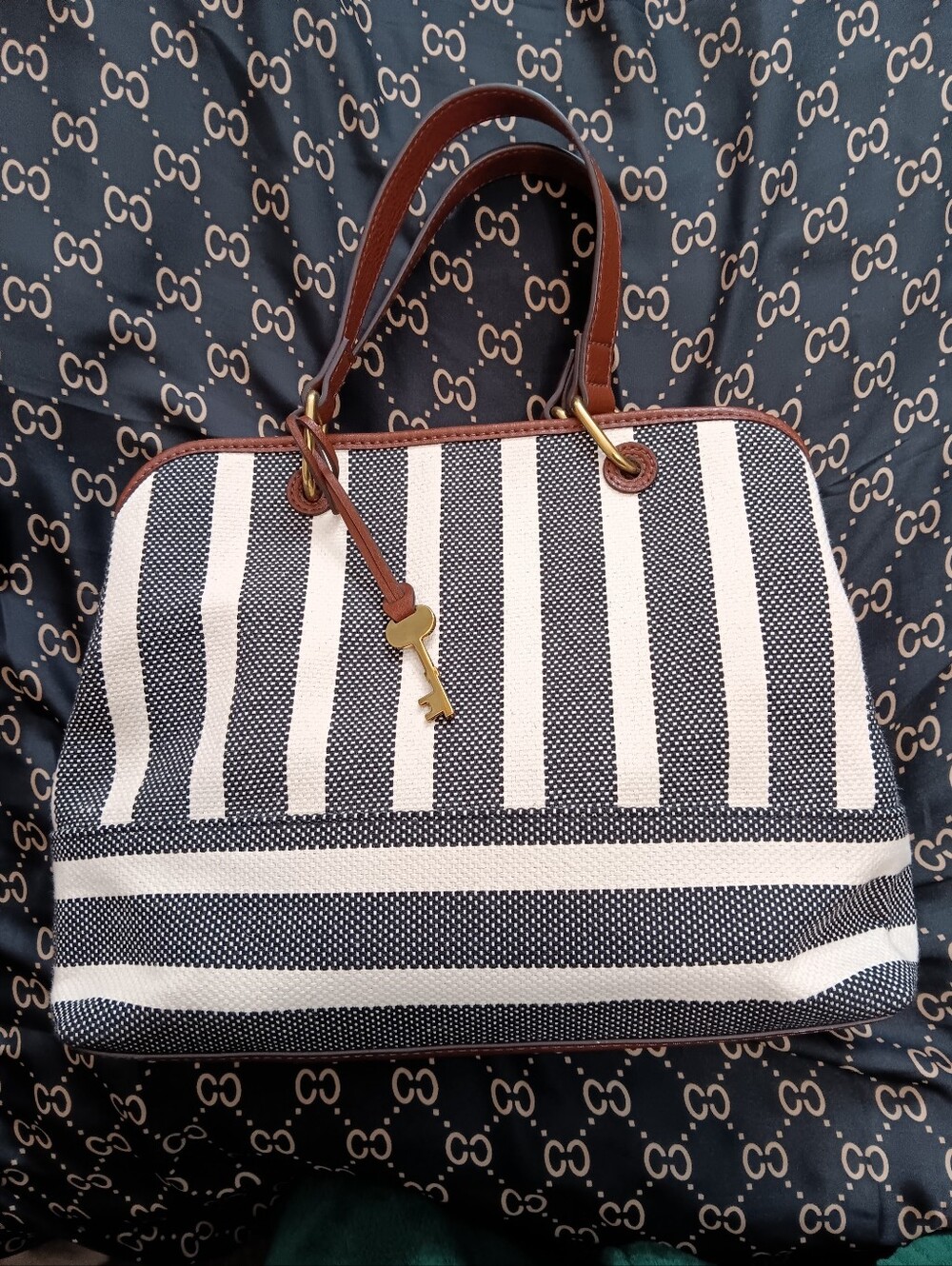 Striped Black and Cream Tote Bag with Brown Leather Handles